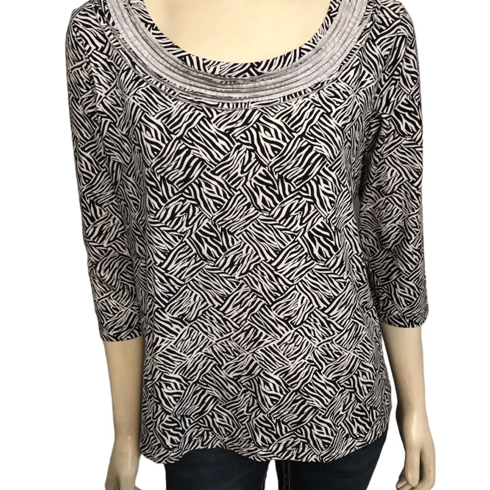 Dana Buchman Signature Top Blouse Sz Large 3/4 Sleeve Stretch Black Off White - Picture 2 of 6